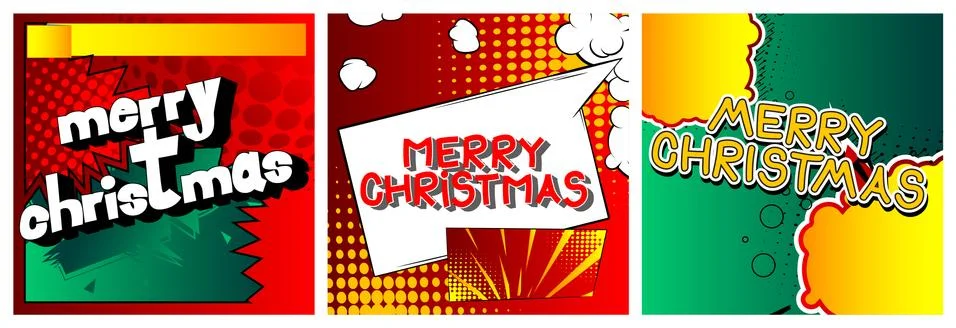 Comic book Christmas card template. Vector graphic for holiday slide, banners Stock Illustration