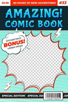 Comic book cover. Comics template, funny image magazine card. Cartoon superhero Stock Illustration
