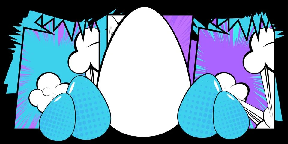 Comic book Easter banner with blank Egg on blue and violet background. Comi.. Stock Illustration