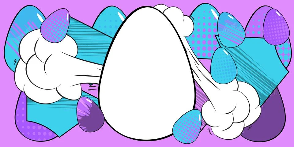 Comic book Easter banner with blank Egg on blue and violet background. Comi.. Stock Illustration