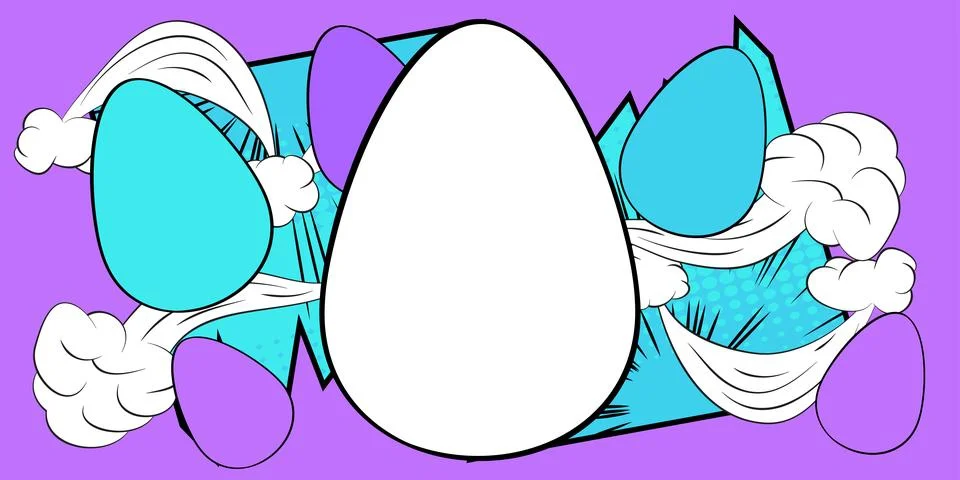 Comic book Easter banner with blank Egg on blue and violet background. Comi.. Stock Illustration