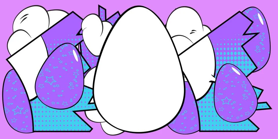 Comic book Easter banner with blank Egg on blue and violet background. Comi.. Stock Illustration