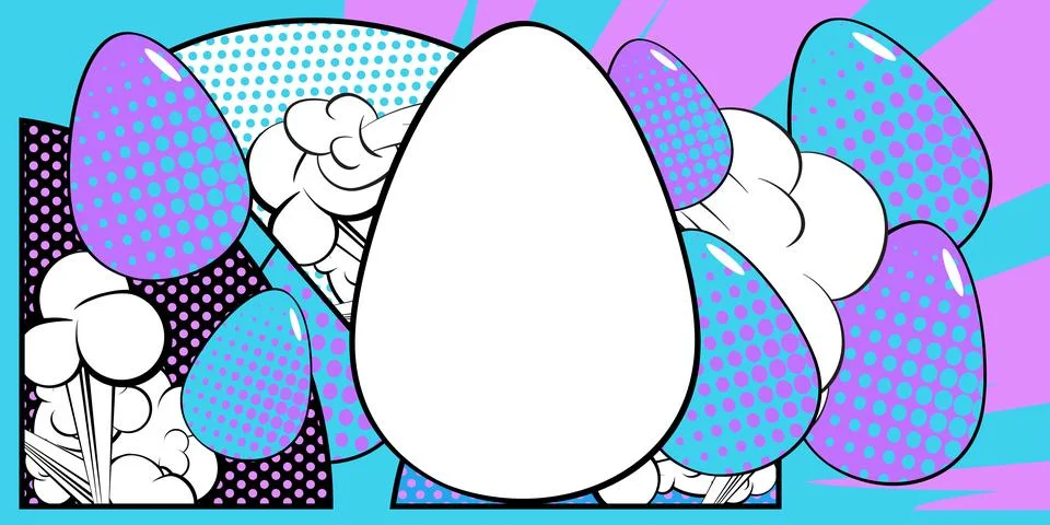 Comic book Easter banner with blank Egg on blue and violet background. Comi.. Stock Illustration