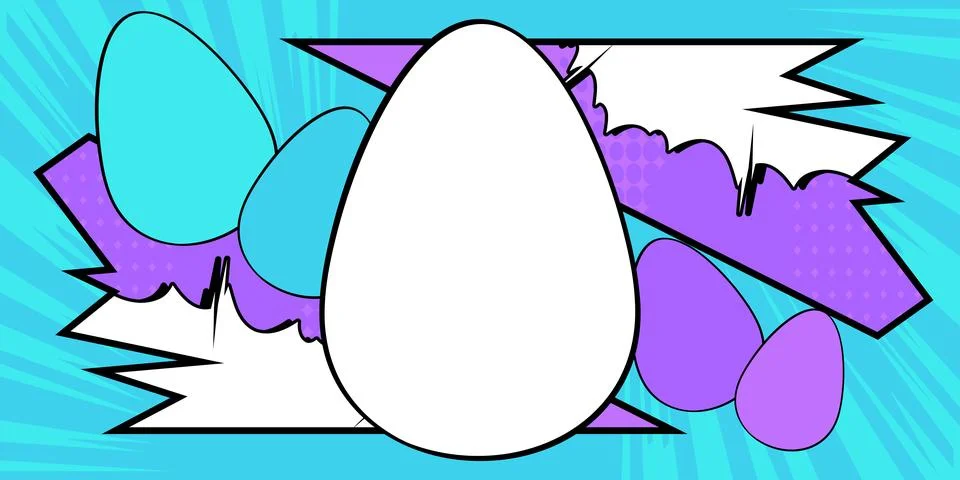 Comic book Easter banner with blank Egg on blue and violet background. Comi.. Stock Illustration