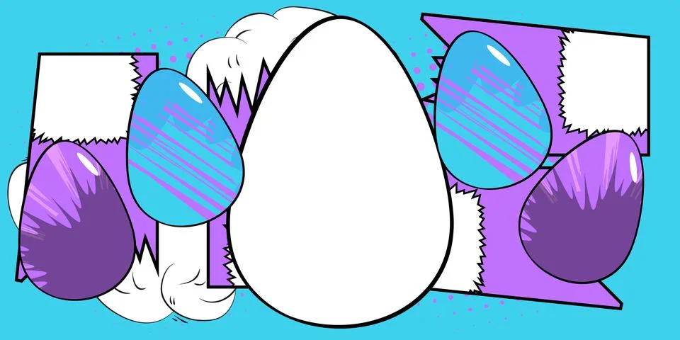 Comic book Easter banner with blank Egg on blue and violet background. Comi.. 스톡 일러스트