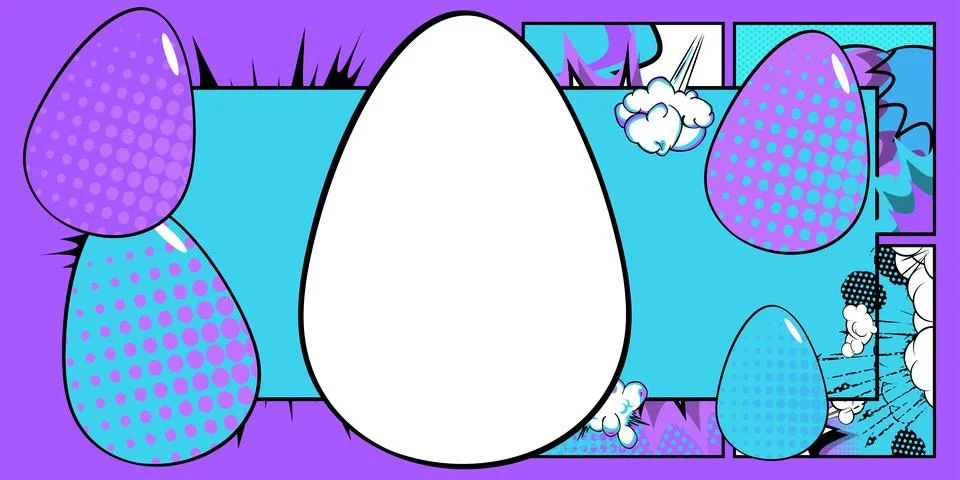 Comic book Easter banner with blank Egg on blue and violet background. Comi.. Stock Illustration
