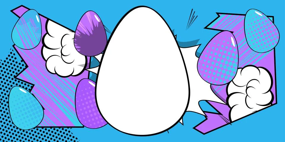 Comic book Easter banner with blank Egg on blue and violet background. Comi.. Stock Illustration