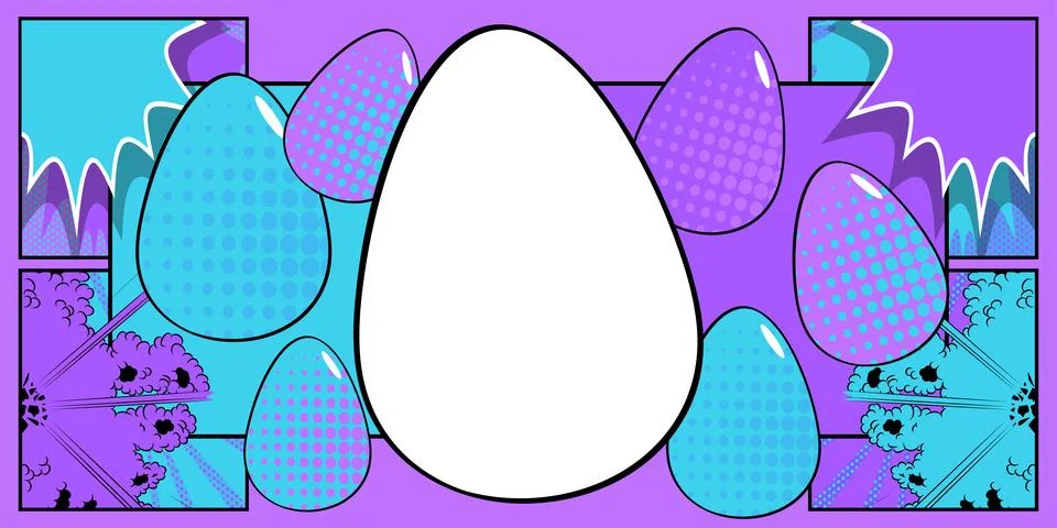 Comic book Easter banner with blank Egg on blue and violet background. Comi.. Stock Illustration