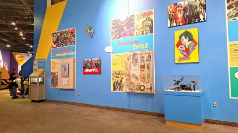 Comic book exhibition inside a museum in Rochester Stock Photos