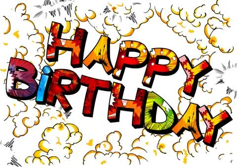 Comic book explosion effect filled Happy Birthday typography vector design fo Illustrazione stock