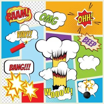 Comic book explosion elements. Jpeg Color symbols. Ilustración de archivo