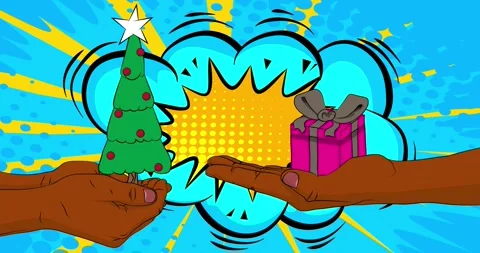 Comic Book Gift Box and Christmas decorated pine tree in hand Stock Footage 293892310