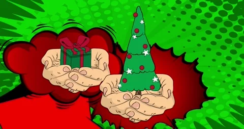 Comic Book Gift Box and Christmas decorated pine tree in hand video Stock Footage 293892316