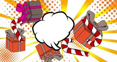 Comic Book Gift Box and Candy cane with speech bubble animation Stock Footage 322083727