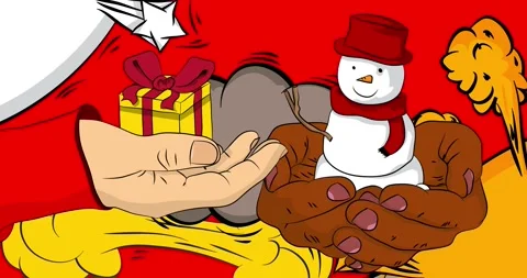 Comic Book Gift Box and Snowman in hand animation Stock Footage 323896450