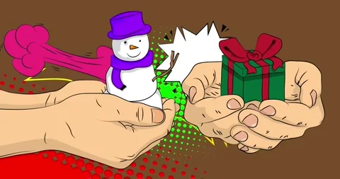 Comic Book Gift Box and Snowman in hand Stock Footage 323896453