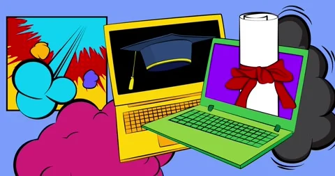 Comic Book Graduation Cap and Rolled Up Diploma with laptop on blue Stock Footage 341304791