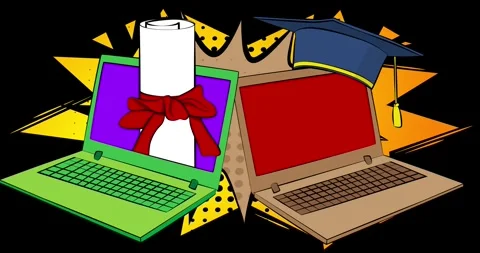 Comic Book Graduation Cap and Rolled Up Diploma with laptop on black Stock Footage 341304794