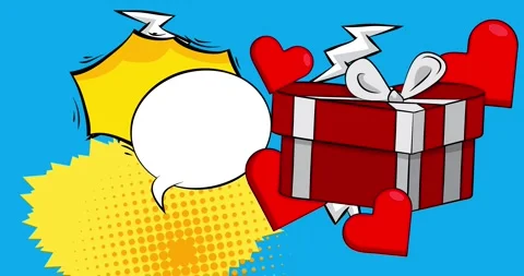 Comic Book Heart and gift box with speech bubble Stock Footage 327829123