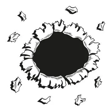 Comic book hole in coloring style. Vector paper is torn through boom explosion Illustrazione stock