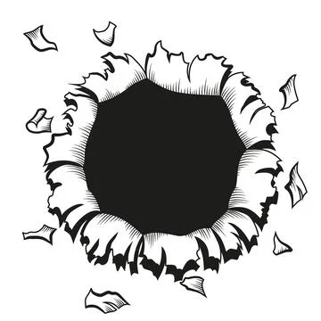 Comic book hole in coloring style. Vector paper is torn through boom explosion Stock Illustration