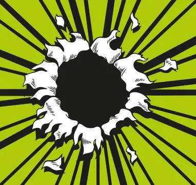 Comic book hole. Vector paper is torn through boom explosion. Circle hole in the Stock Illustration
