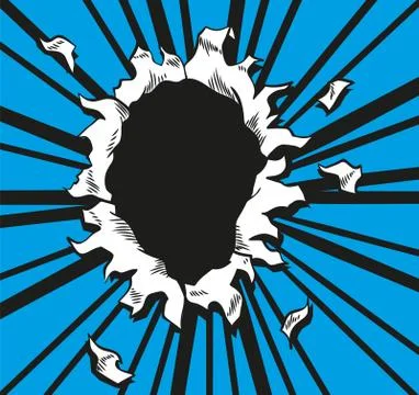 Comic book hole. Vector paper is torn through boom explosion. Circle hole in the Stock Illustration