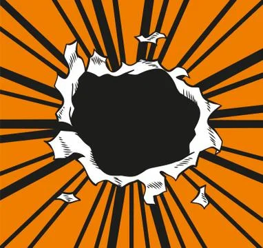 Comic book hole. Vector paper is torn through boom explosion. Circle hole in the Stock Illustration
