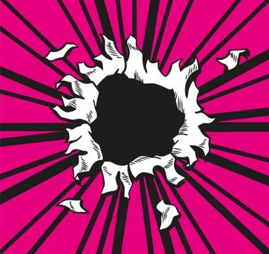 Comic book hole. Vector paper is torn through boom explosion. Circle hole in the Stock Illustration