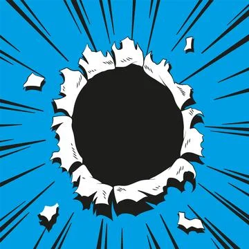 Comic book hole. Vector paper is torn through boom explosion. Circle hole in the Stock Illustration
