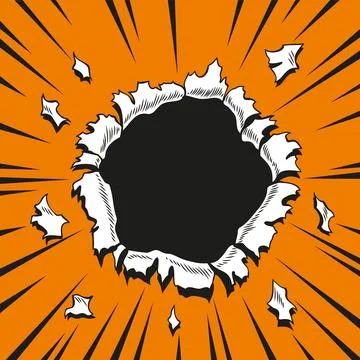 Comic book hole. Vector paper is torn through boom explosion. Circle hole in the Stock Illustration