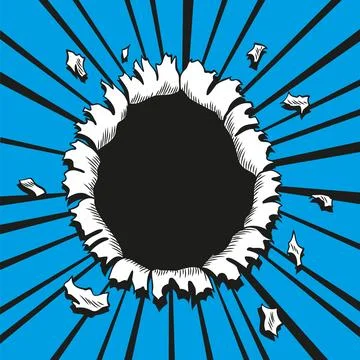 Comic book hole. Vector paper is torn through boom explosion. Circle hole in the Illustrazione stock