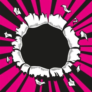 Comic book hole. Vector paper is torn through boom explosion. Circle hole in the Stock Illustration