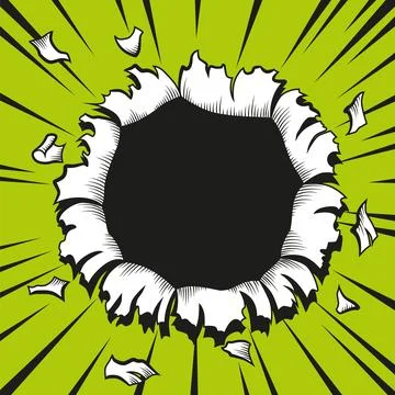 Comic book hole. Vector paper is torn through boom explosion. Circle hole in the Stock Illustration