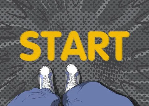Comic book illustrated vector image of legs in boots on Start word. Feet shoe Stock Illustration