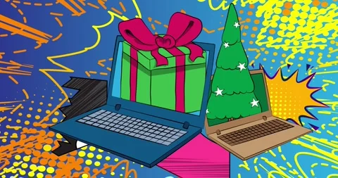 Comic Book laptop with Gift Box and Christmas decorated pine tree Stock Footage 291998306