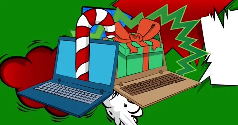 Comic Book laptop with Gift Box and Candy cane video Stock Footage 296364691