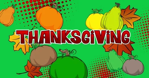 Comic book moving Thanksgiving text with pumpkin and Autumn leaves video Stock Footage 321069778