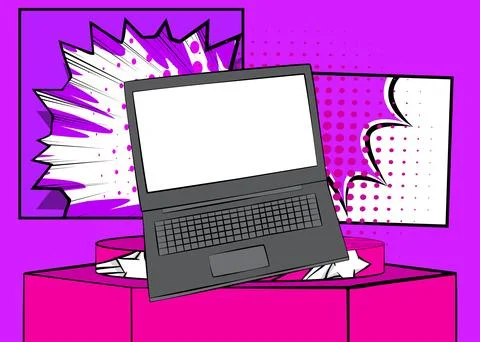 Comic Book notebook, laptop product podium stage for presentation. Retro co.. Stock Illustration
