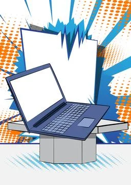 Comic Book notebook, laptop product podium stage for presentation. Retro co.. Stock Illustration
