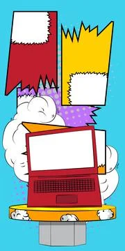 Comic Book notebook, laptop product podium stage for presentation. Retro co.. Illustrazione stock