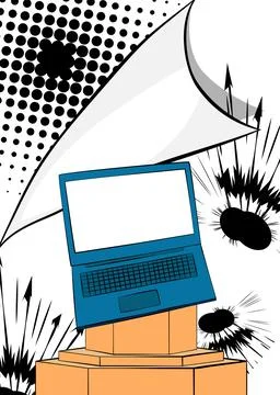 Comic Book notebook, laptop product podium stage for presentation. Retro co.. Stock Illustration