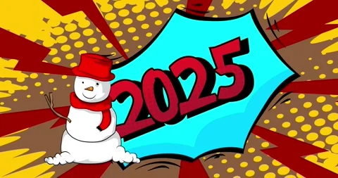 Comic Book number 2025 and snowman animation 스톡 동영상 296474569