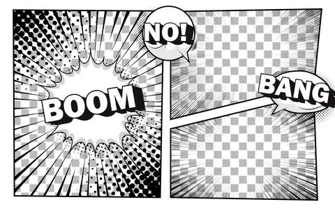 Comic book page background template. Radial rays background with halftone e.. Stock Illustration