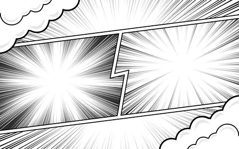 Comic book page background template. Radial rays background with halftone e.. Stock Illustration