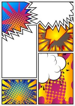 Comic book page with colorful elements and blank space. Cartoon design colore Ilustración de archivo