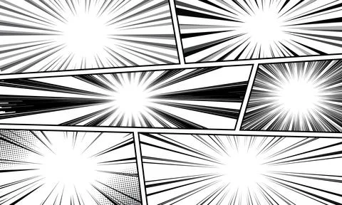 Comic book page composition with halftone radial lines effect. Vector illus.. 스톡 일러스트