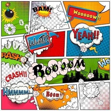 Comic book page divided by lines with speech bubbles, sounds effect Stock Illustration