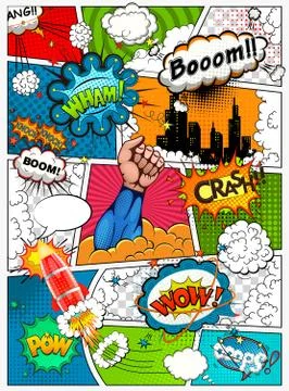Comic book page divided by lines with speech bubbles, rocket, superhero Stock Illustration