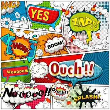 Comic book page divided by lines with speech bubbles, sounds effect Stock Illustration